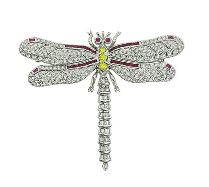 3.00ct Diamond 0.75ct Fancy Yellow Diamond Ruby 18k Gold Dragonfly Pin