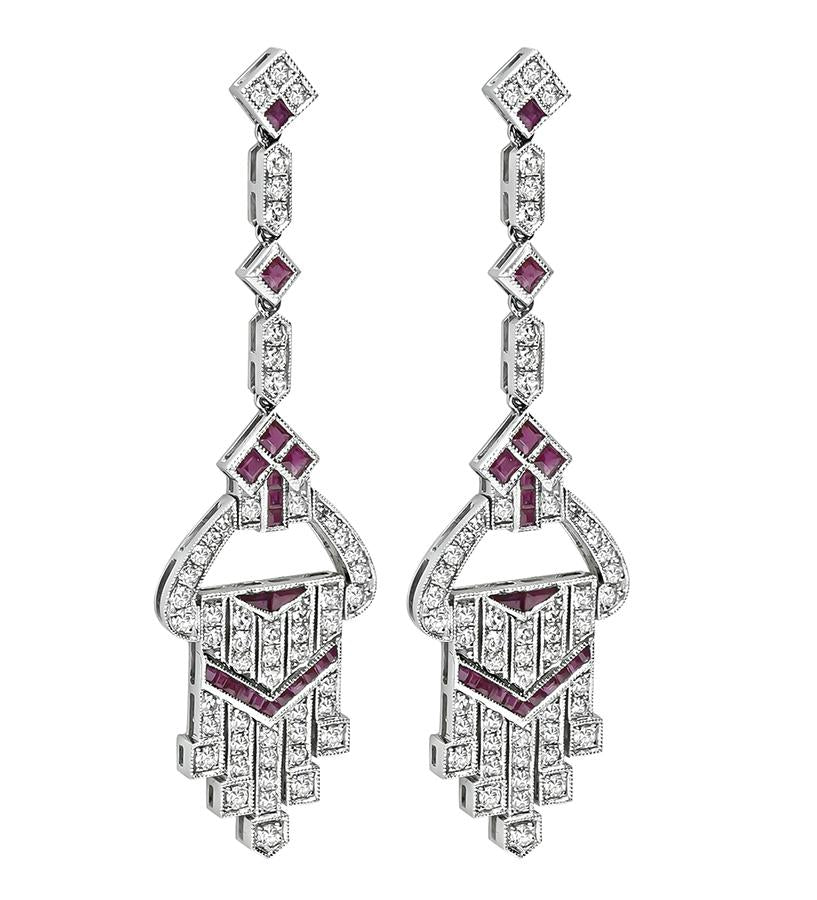 Estate 2.10ct Diamond 1.58ct Ruby Chandelier Earrings