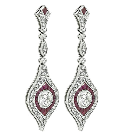 Estate 1.76ct Diamond 1.33ct Ruby Dangling Earrings