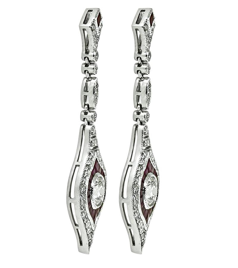 Estate 1.76ct Diamond 1.33ct Ruby Dangling Earrings