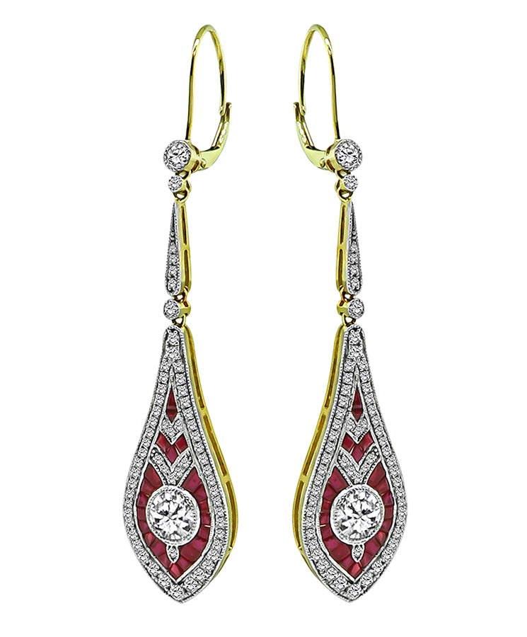 Estate 1.80ct Diamond 1.50ct Ruby Gold Drop Earrings