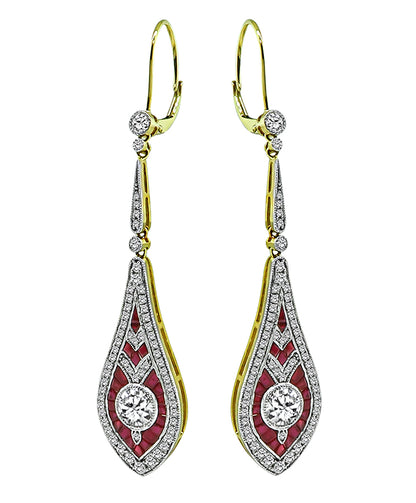 Estate 1.80ct Diamond 1.50ct Ruby Gold Drop Earrings