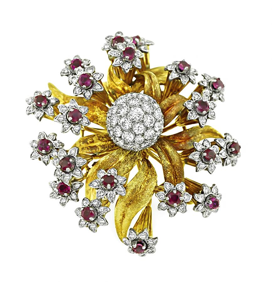 Edwin Pearl 4.00ct Diamond 2.00ct Ruby Gold Flower Pin