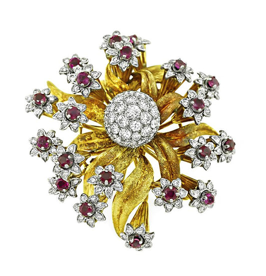 Edwin Pearl 4.00ct Diamond 2.00ct Ruby Gold Flower Pin