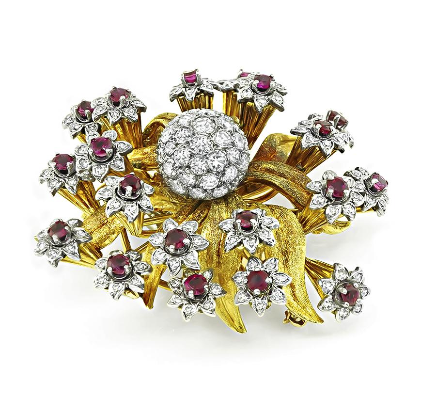 Edwin Pearl 4.00ct Diamond 2.00ct Ruby Gold Flower Pin