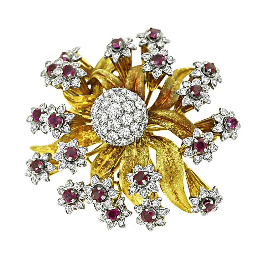 Edwin Pearl 4.00ct Diamond 2.00ct Ruby Gold Flower Pin