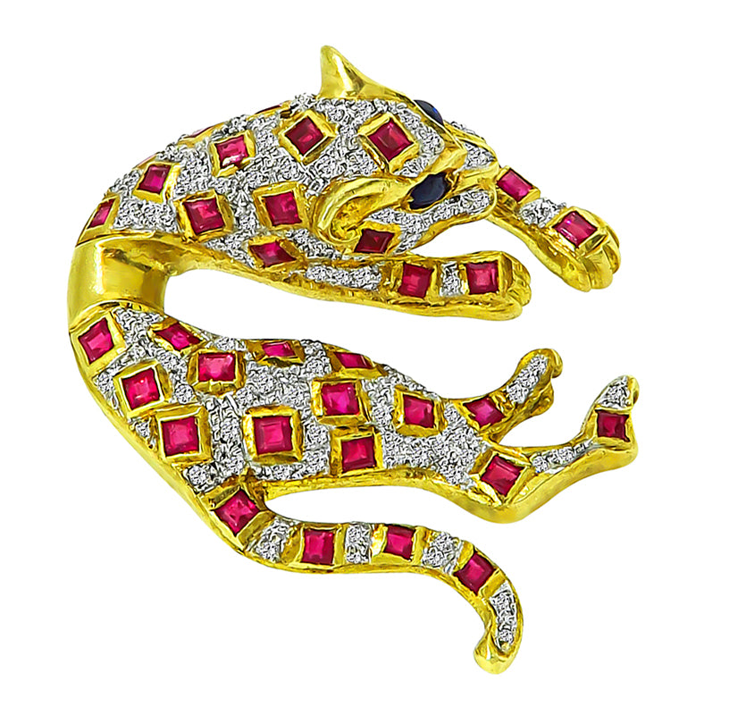 Estate 0.50ct Diamond 1.40ct Ruby Gold Tiger Pin