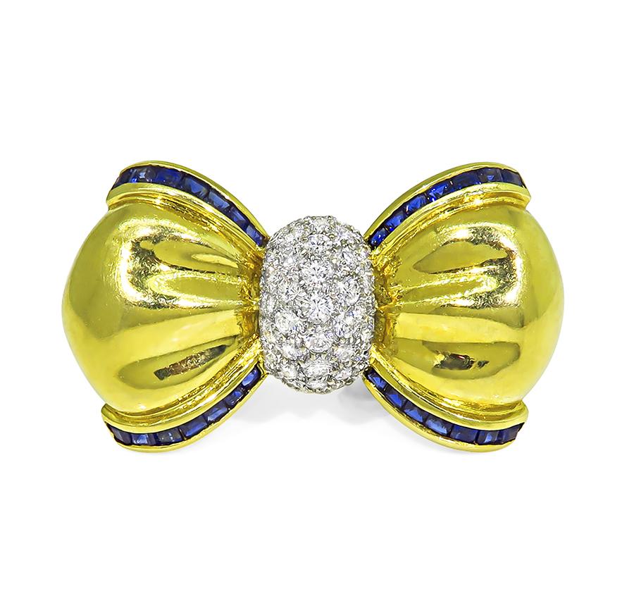 Estate 1.75ct Diamond Sapphire 18k Yellow and White Gold Bow Pin