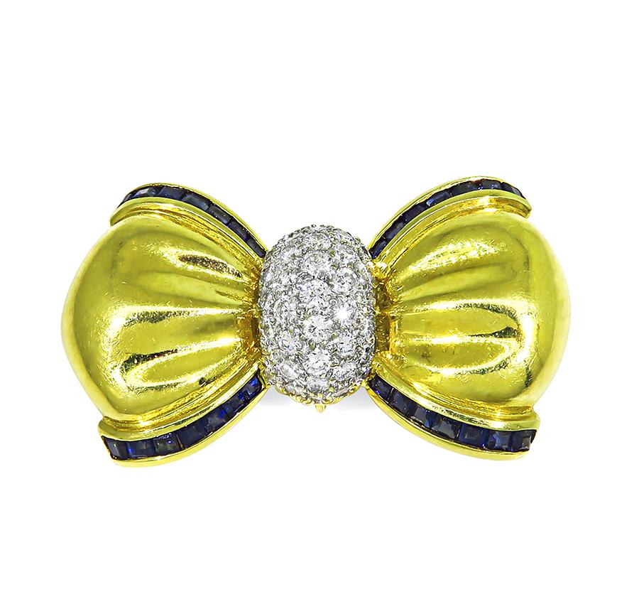 Estate 1.75ct Diamond Sapphire 18k Yellow and White Gold Bow Pin