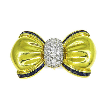 Estate 1.75ct Diamond Sapphire 18k Yellow and White Gold Bow Pin
