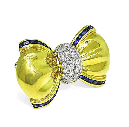 Estate 1.75ct Diamond Sapphire 18k Yellow and White Gold Bow Pin