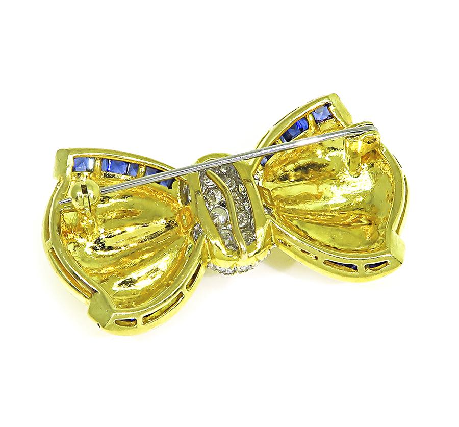 Estate 1.75ct Diamond Sapphire 18k Yellow and White Gold Bow Pin