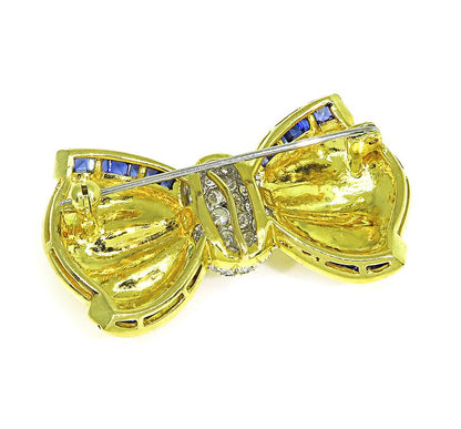Estate 1.75ct Diamond Sapphire 18k Yellow and White Gold Bow Pin