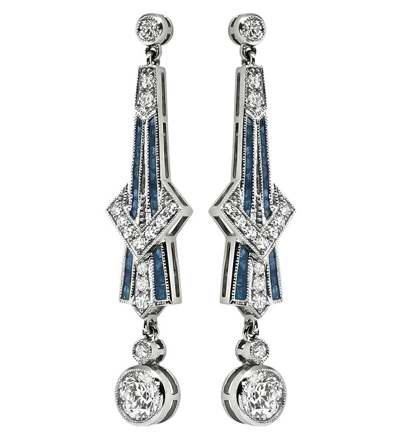 Art Deco Style 1.90cttw Diamond 0.83ct Sapphire Drop Earrings