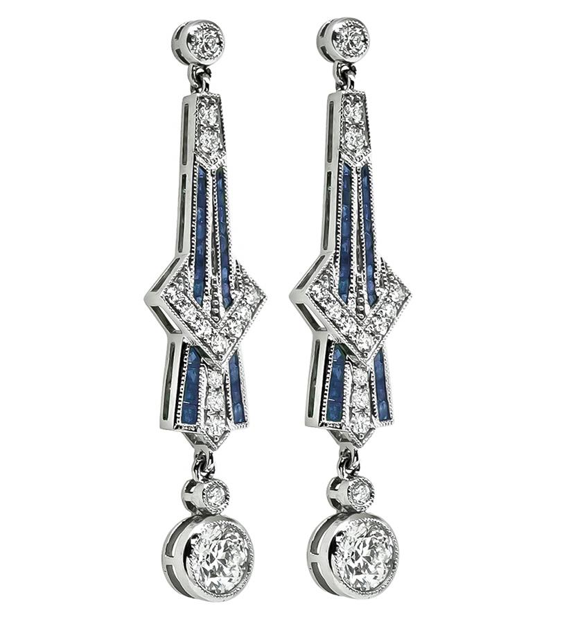 Art Deco Style 1.90cttw Diamond 0.83ct Sapphire Drop Earrings