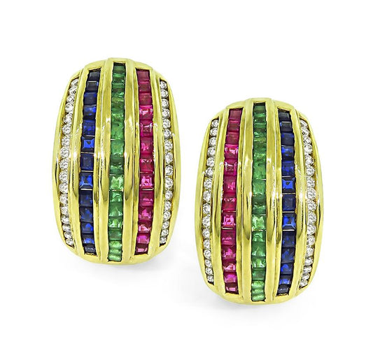 Estate 1.70ct Precious Gemstone 0.60ct Diamond 18k Yellow Gold Earrings