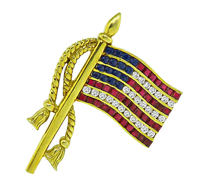 Estate 1.00ct Diamond 1.40ct Ruby 0.90ct Sapphire American Flag Pin