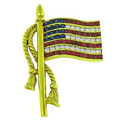 Estate 1.00ct Diamond 1.40ct Ruby 0.90ct Sapphire American Flag Pin