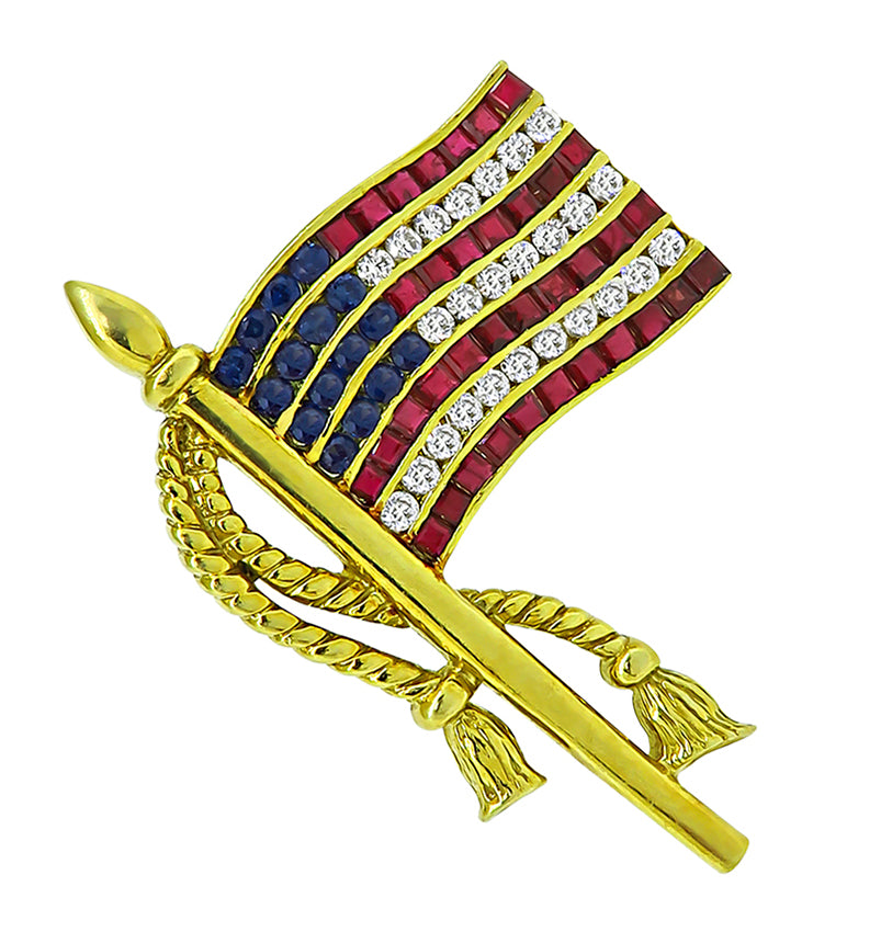 Estate 1.00ct Diamond 1.40ct Ruby 0.90ct Sapphire American Flag Pin