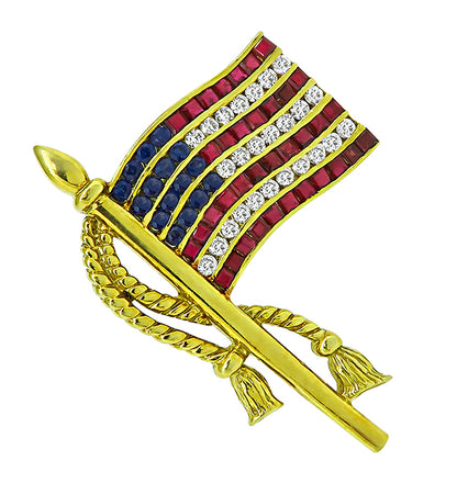 Estate 1.00ct Diamond 1.40ct Ruby 0.90ct Sapphire American Flag Pin