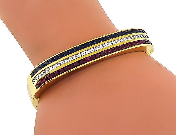 Estate 1.40ct Diamond 1.40ct Sapphire 1.40ct Ruby Gold Bangle