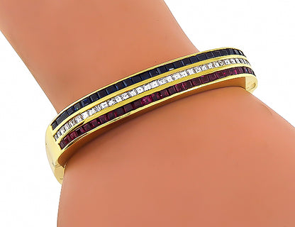 Estate 1.40ct Diamond 1.40ct Sapphire 1.40ct Ruby Gold Bangle