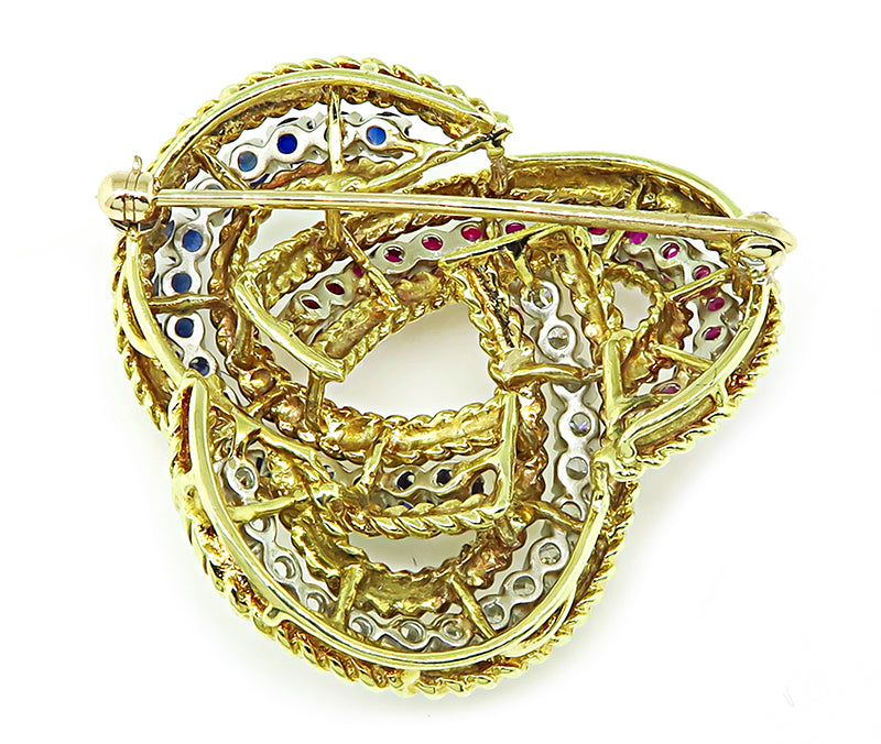 Vintage 1.40ct Diamond 1.40ct Sapphire 1.40ct Ruby Love Knot Pin
