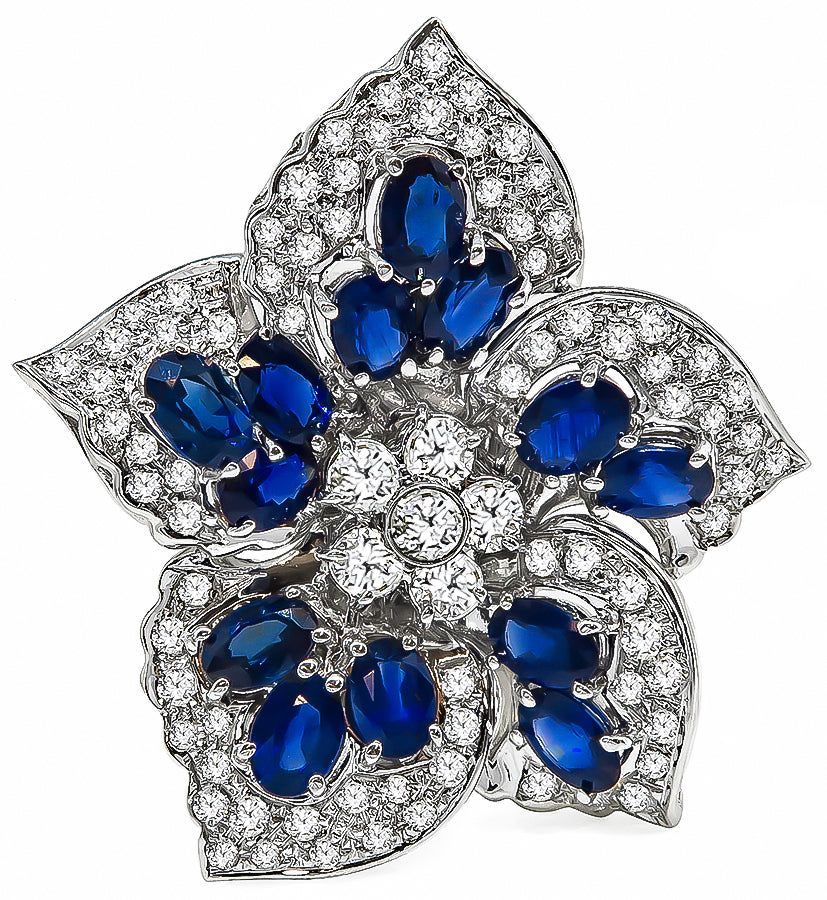 Estate 6.50ct Sapphire 3.00ct Diamond Flower Pin
