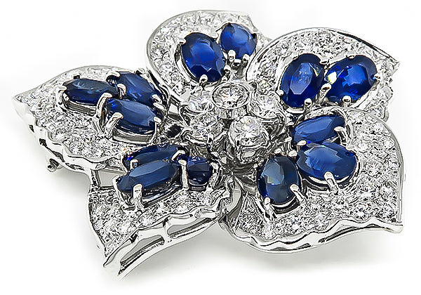 Estate 6.50ct Sapphire 3.00ct Diamond Flower Pin