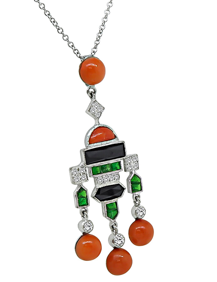 Estate Diamond Coral Onyx Tsavorite Pendant Necklace