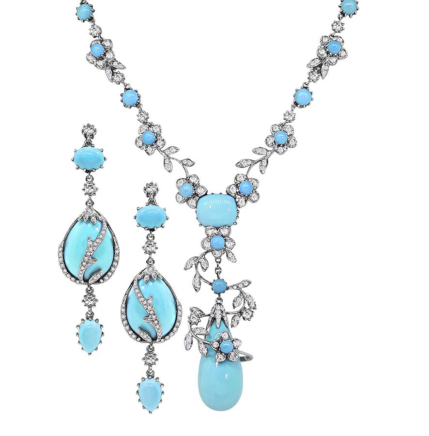 Estate Turquoise 6.50ct Diamond 18k White Gold Necklace and Earrings Set