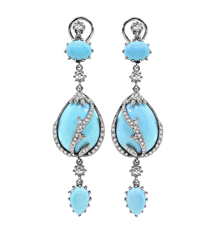 Estate Turquoise 6.50ct Diamond 18k White Gold Necklace and Earrings Set