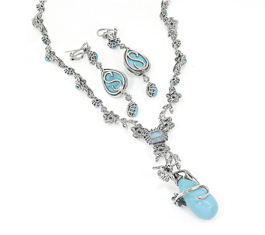 Estate Turquoise 6.50ct Diamond 18k White Gold Necklace and Earrings Set