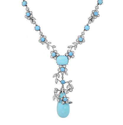 Estate Turquoise 6.50ct Diamond 18k White Gold Necklace and Earrings Set