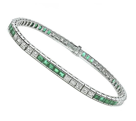 Estate 2.00ct Diamond 2.40ct Colombian Emerald Line Bracelet