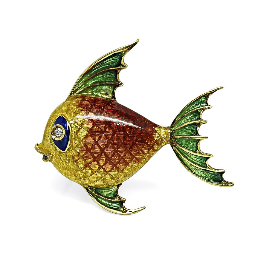 Estate Enamel 18k Yellow Gold Fish Pin