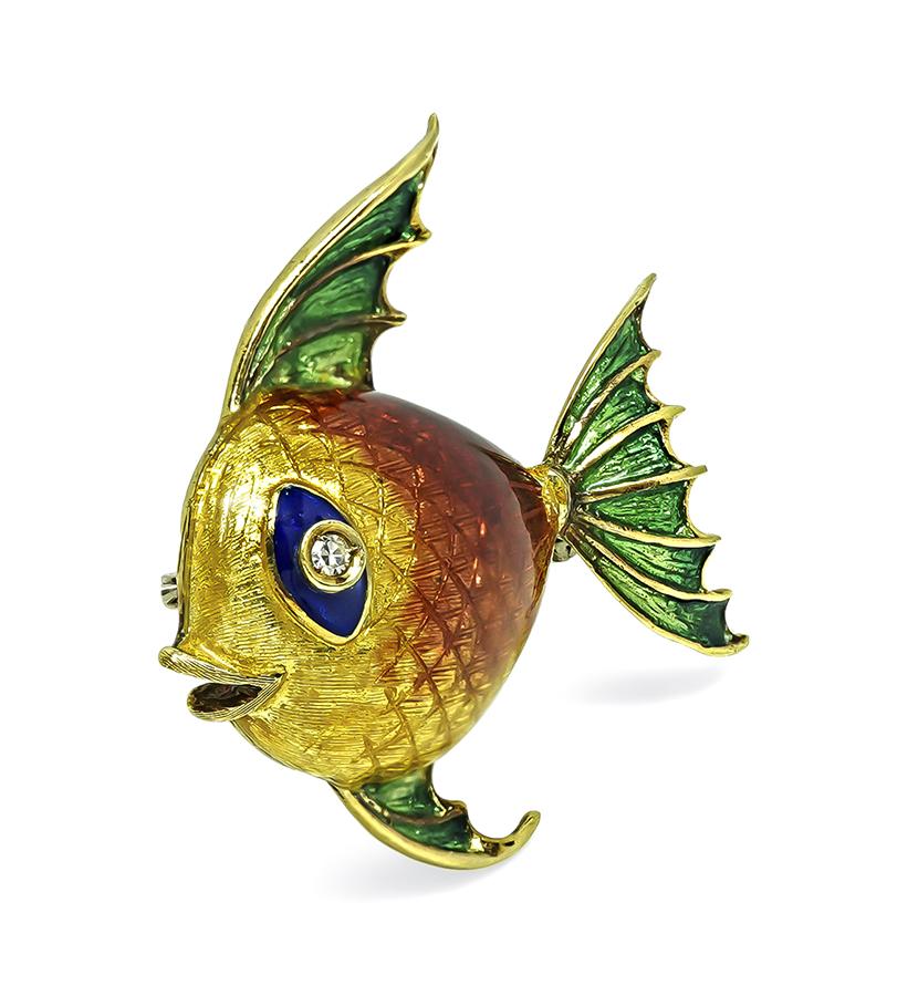 Estate Enamel 18k Yellow Gold Fish Pin
