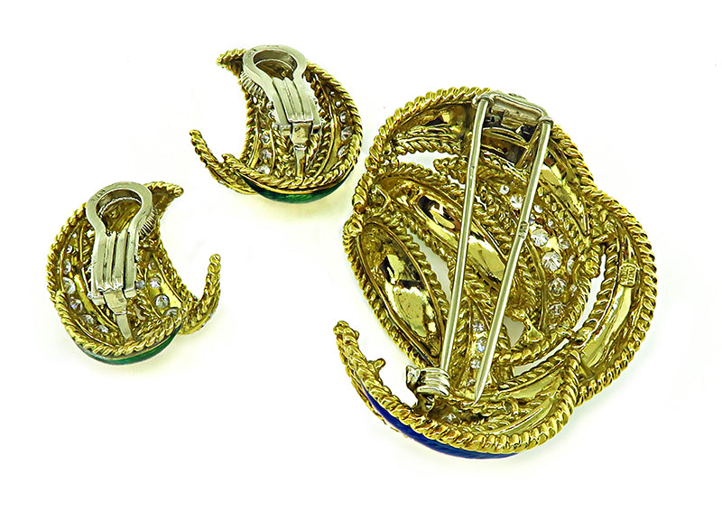 Estate 3.25ct Diamond Enamel Yellow Gold Pin and Earrings Set