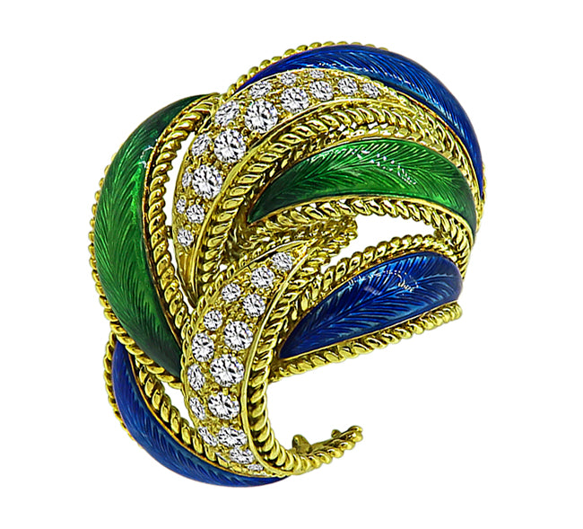 Estate 3.25ct Diamond Enamel Yellow Gold Pin and Earrings Set