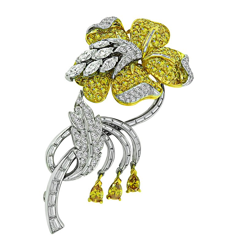 Vintage 3.90ct Fancy Intense Yellow Diamond 1.50ct Diamond Flower Pin