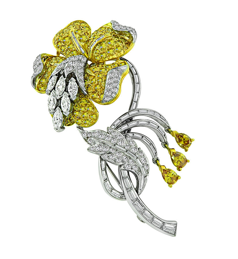 Vintage 3.90ct Fancy Intense Yellow Diamond 1.50ct Diamond Flower Pin