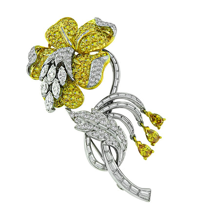 Vintage 3.90ct Fancy Intense Yellow Diamond 1.50ct Diamond Flower Pin