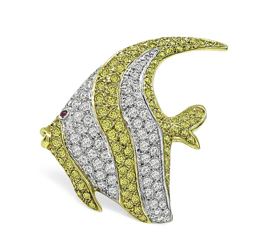 Estate 1.50ct Diamond 1.50ct Fancy Yellow Diamond 18k Gold Angel Fish Pin