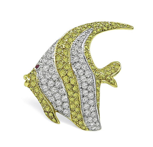 Estate 1.50ct Diamond 1.50ct Fancy Yellow Diamond 18k Gold Angel Fish Pin