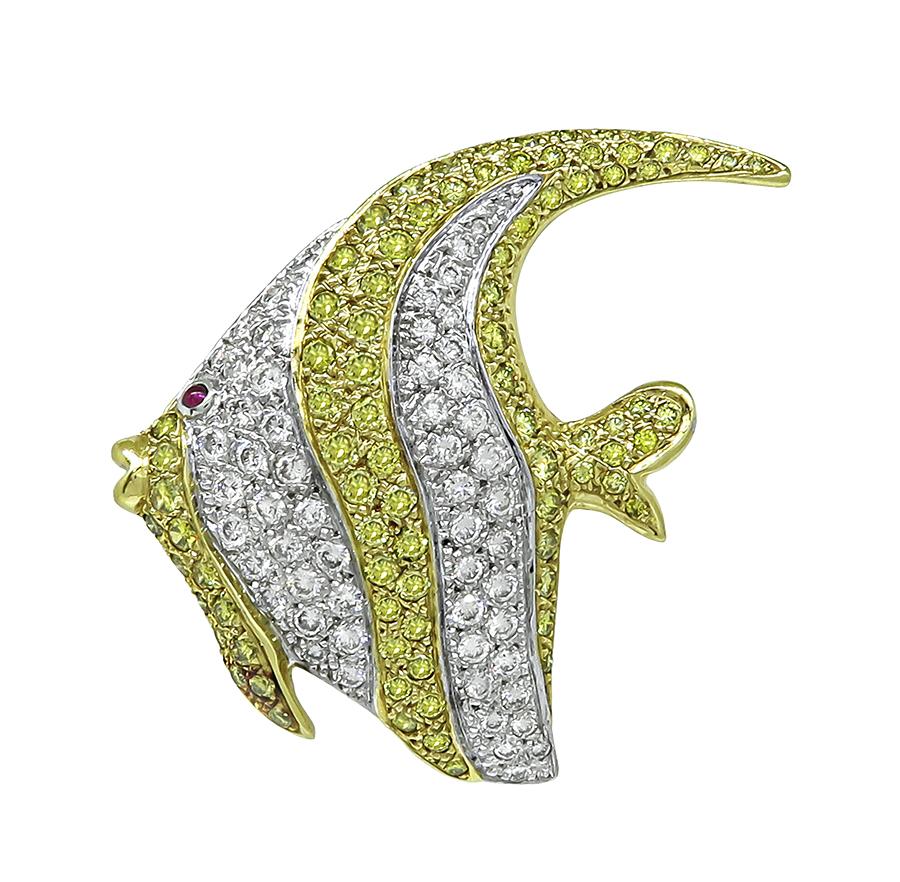 Estate 1.50ct Diamond 1.50ct Fancy Yellow Diamond 18k Gold Angel Fish Pin