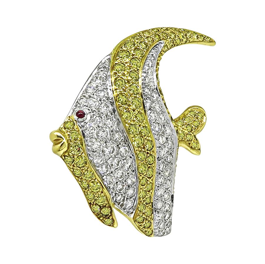 Estate 1.50ct Diamond 1.50ct Fancy Yellow Diamond 18k Gold Angel Fish Pin