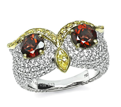 Estate Garnet 2.13ct Diamond 0.50ct Fancy Yellow Diamond Gold Owl Ring