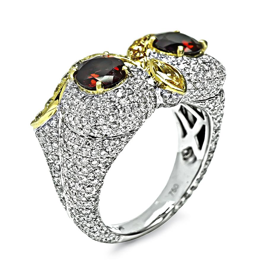 Estate Garnet 2.13ct Diamond 0.50ct Fancy Yellow Diamond Gold Owl Ring