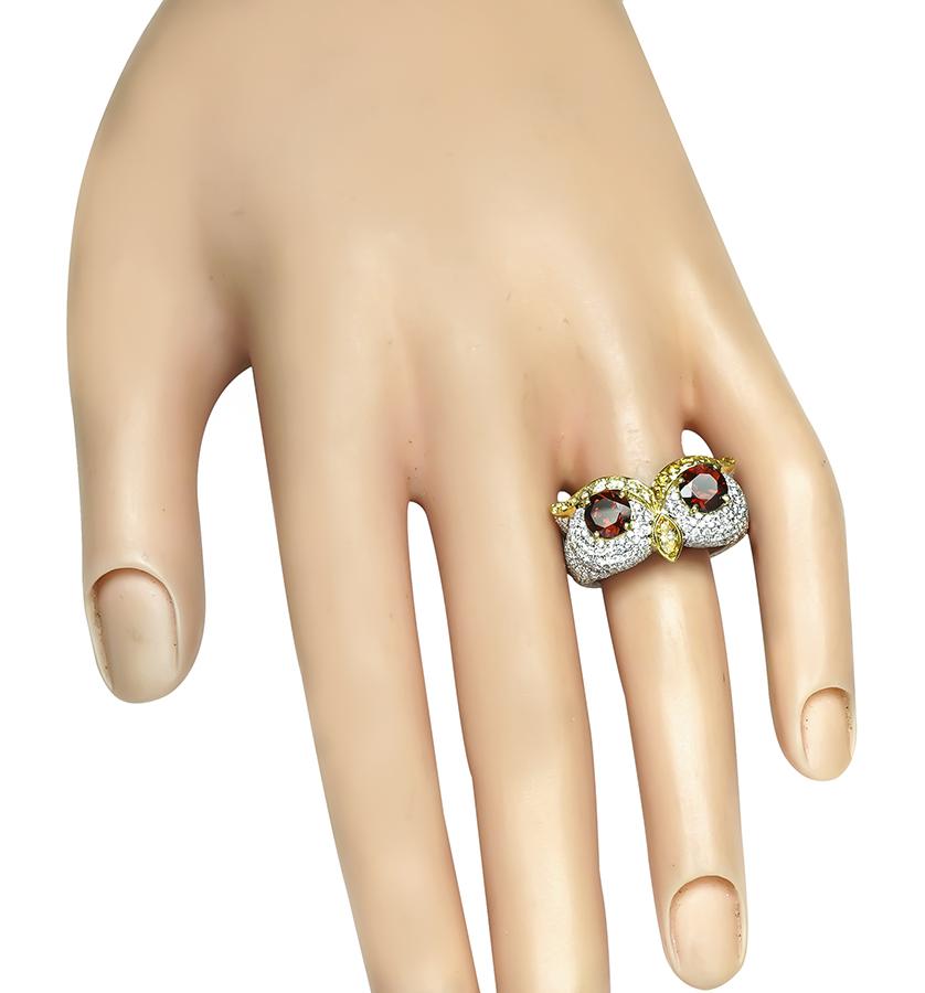 Estate Garnet 2.13ct Diamond 0.50ct Fancy Yellow Diamond Gold Owl Ring
