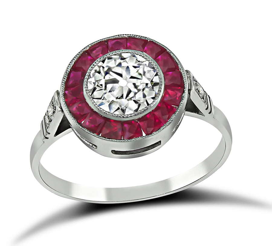 Estate GIA Certified 0.69ct Diamond Ruby Halo Engagement Ring